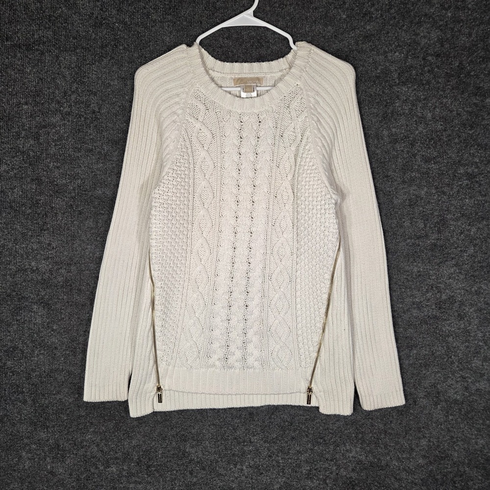 Michael Kors Cable Knit Sweater Women's Large Cream Side Zip Heavy Knit Pullover